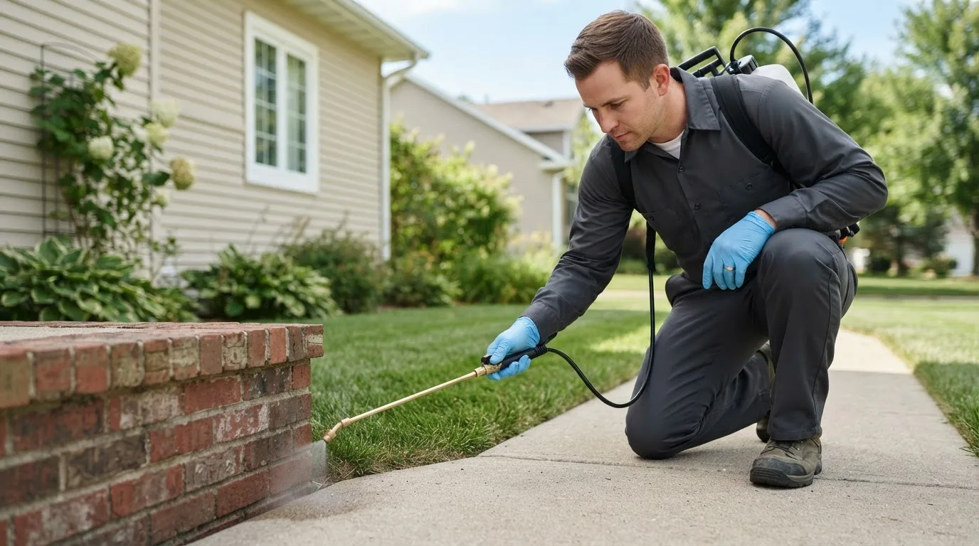 Pest control technician treating a home near Hernandez, NM
